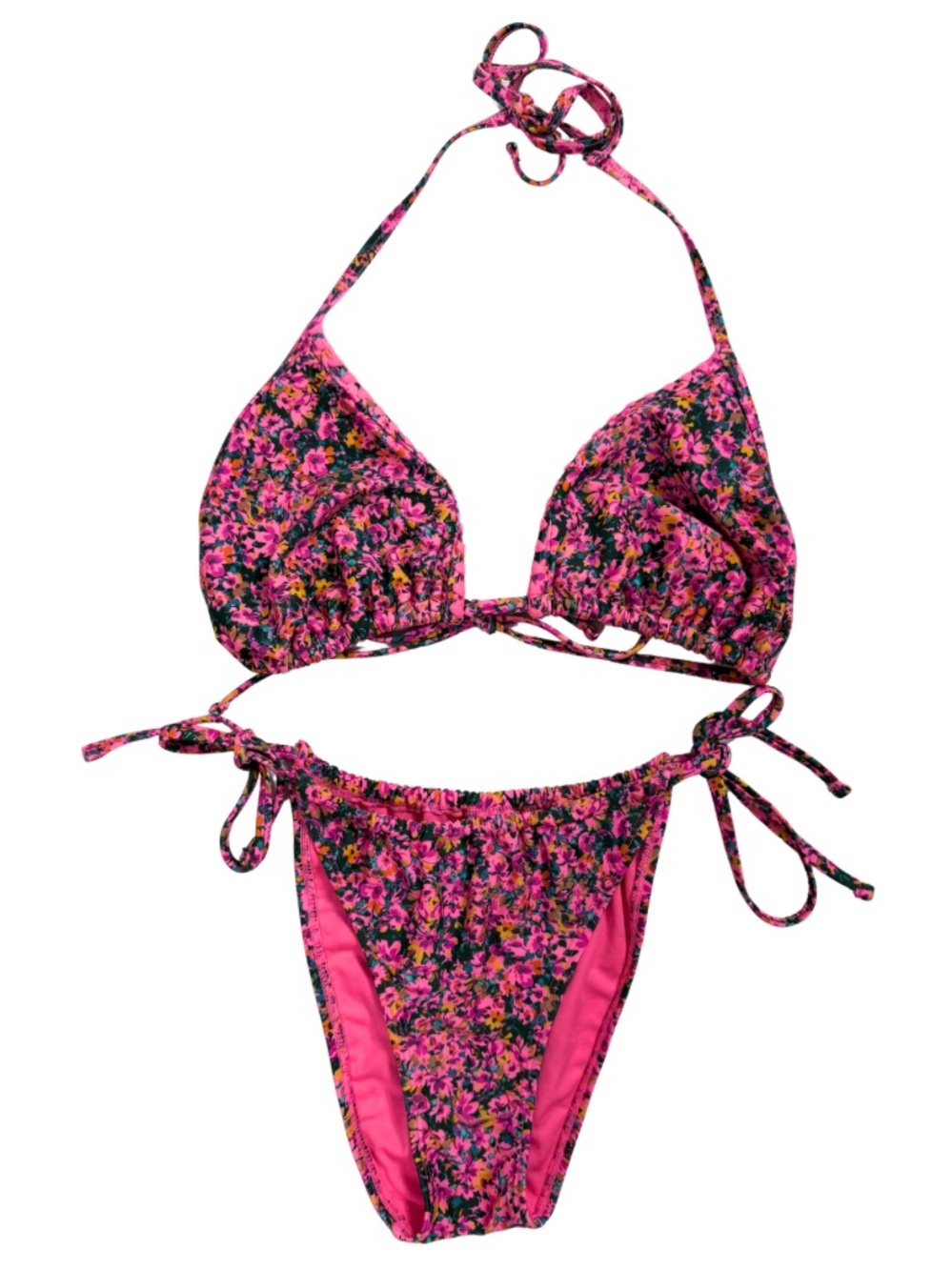 Wild Fable Pink Floral Bikini Set Triangle Top Tie Side Bottoms Ruched Size S/M